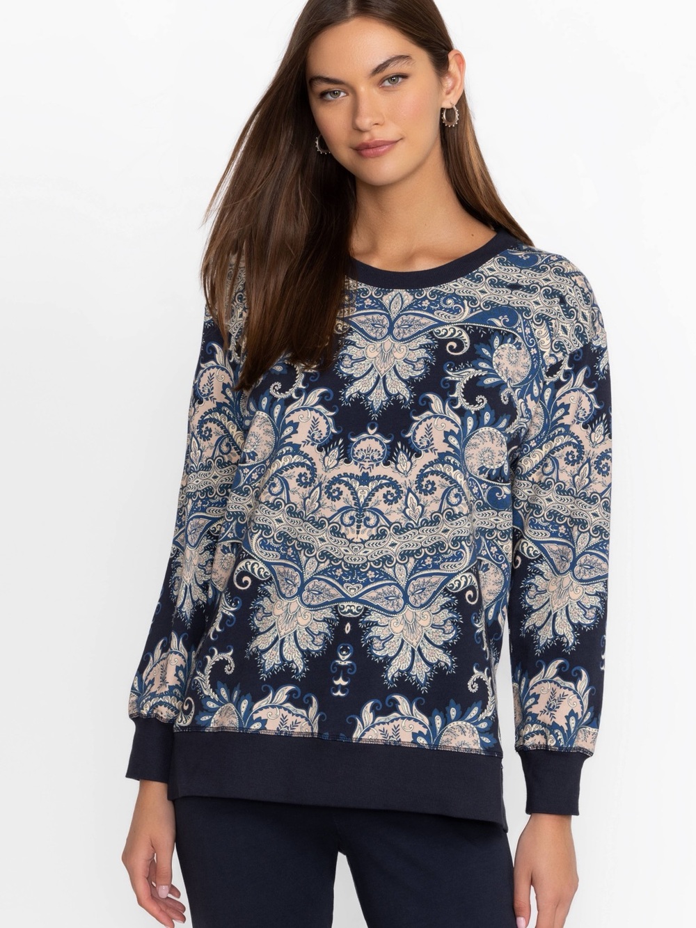 Johnny Was High Low Crew Neck Oversized Navy and Cream Paisley Sweatshirt Size L
